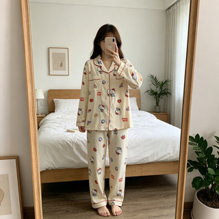 Bộ Đồ Ngủ Mới Cho Nữ Váy Ngủ Hoạt Hình Dễ Thương In Đồ Ngủ Bộ Ve Áo Dài Tay Mặc Nhà