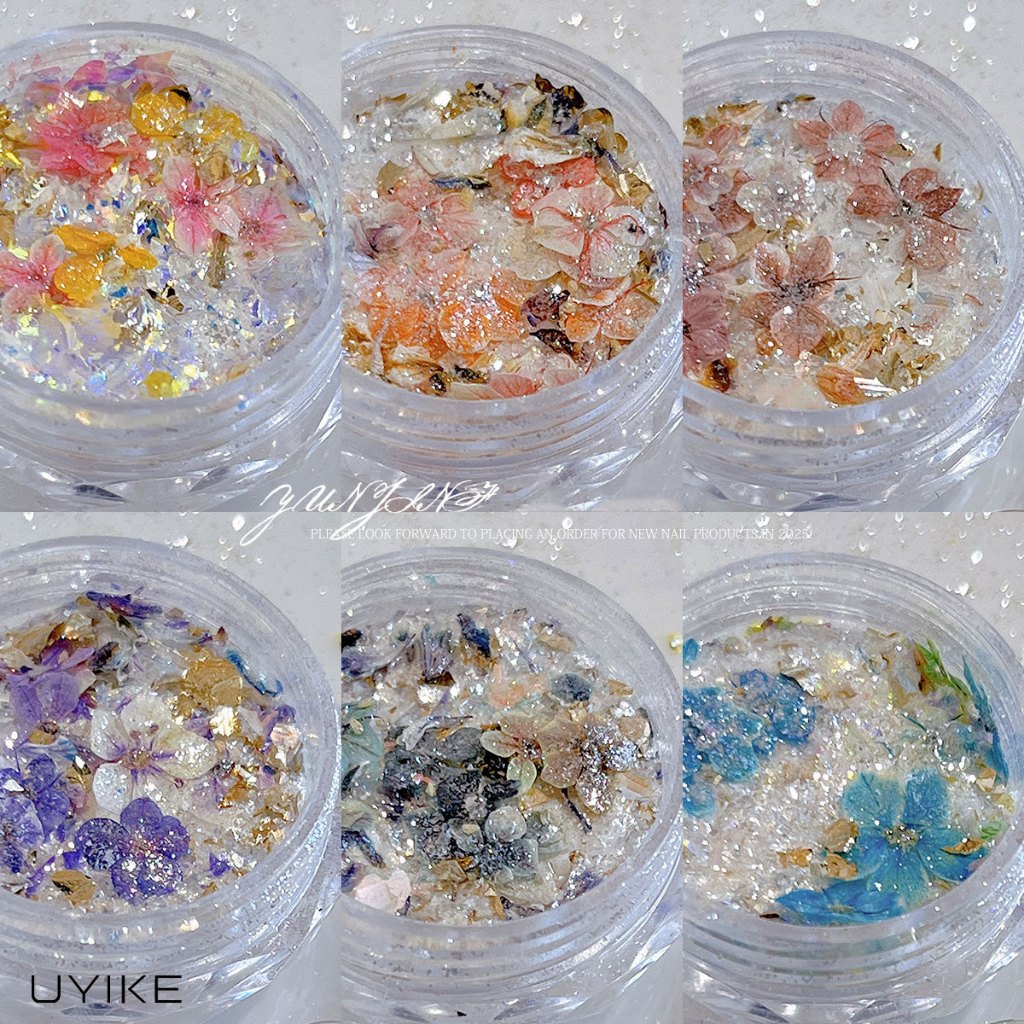 UYIKE Mystery Garden Opal Nail Powder, Dreamy Iridescent Fairy Cloud Thổ Cẩm, Hoa Khô Lấp Lánh & Món