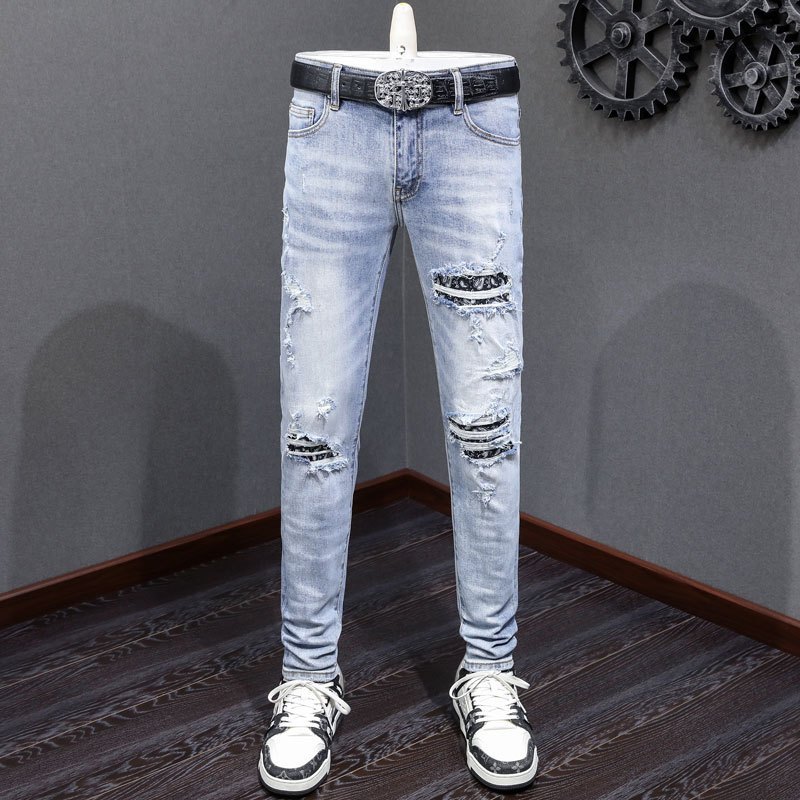 Amiri Street fashion men jeans blue slim fit elastic jeans printed patch design casual street fashio