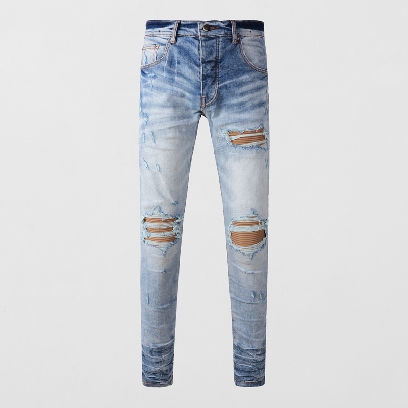 Amiri High street fashion men jeans light blue slim fit elastic patch design high-quality retro styl