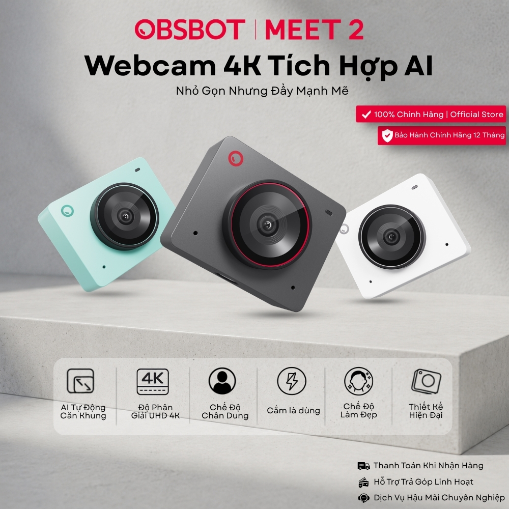 OBSBOT Meet 2 4K 60 FPS Webcam AI, Tự động lấy nét cho PC, Laptop, dùng livestream, học online