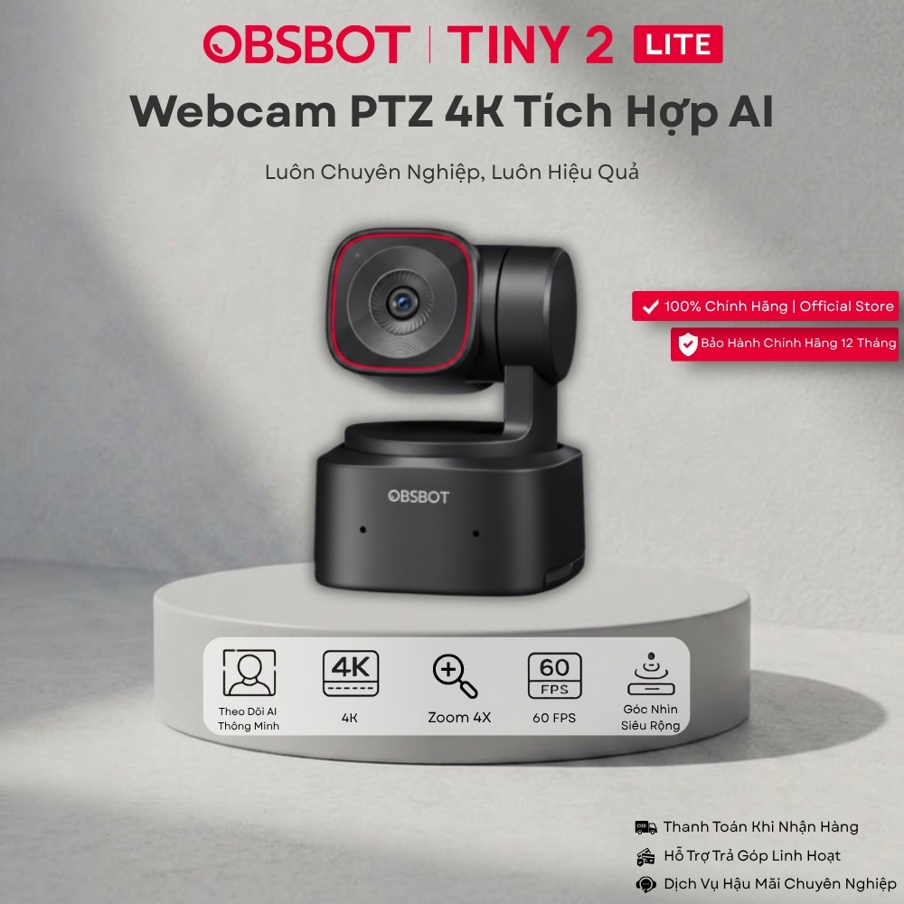 OBSBOT Tiny 2 Lite 4K 60FPS PTZ Webcam AI thông minh, HDR, Micro kép dùng cho Livestream, Họp Online