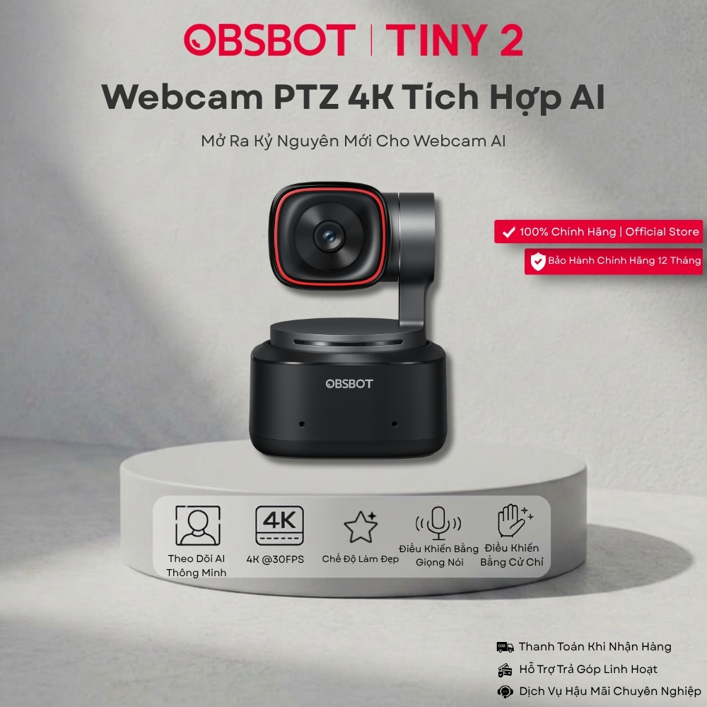 OBSBOT Tiny 2 4K 60FPS PTZ Webcam AI, Tự động lấy nét, Micro kép dùng Livestream Họp Online