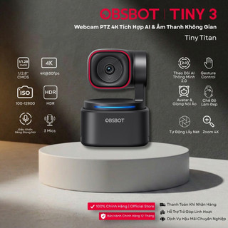 OBSBOT Tiny 3 Webcam 4K PTZ, Cảm biến 1/1.28", Nhận diện cử chỉ, Theo dõi AI, 120FPS, Livestream