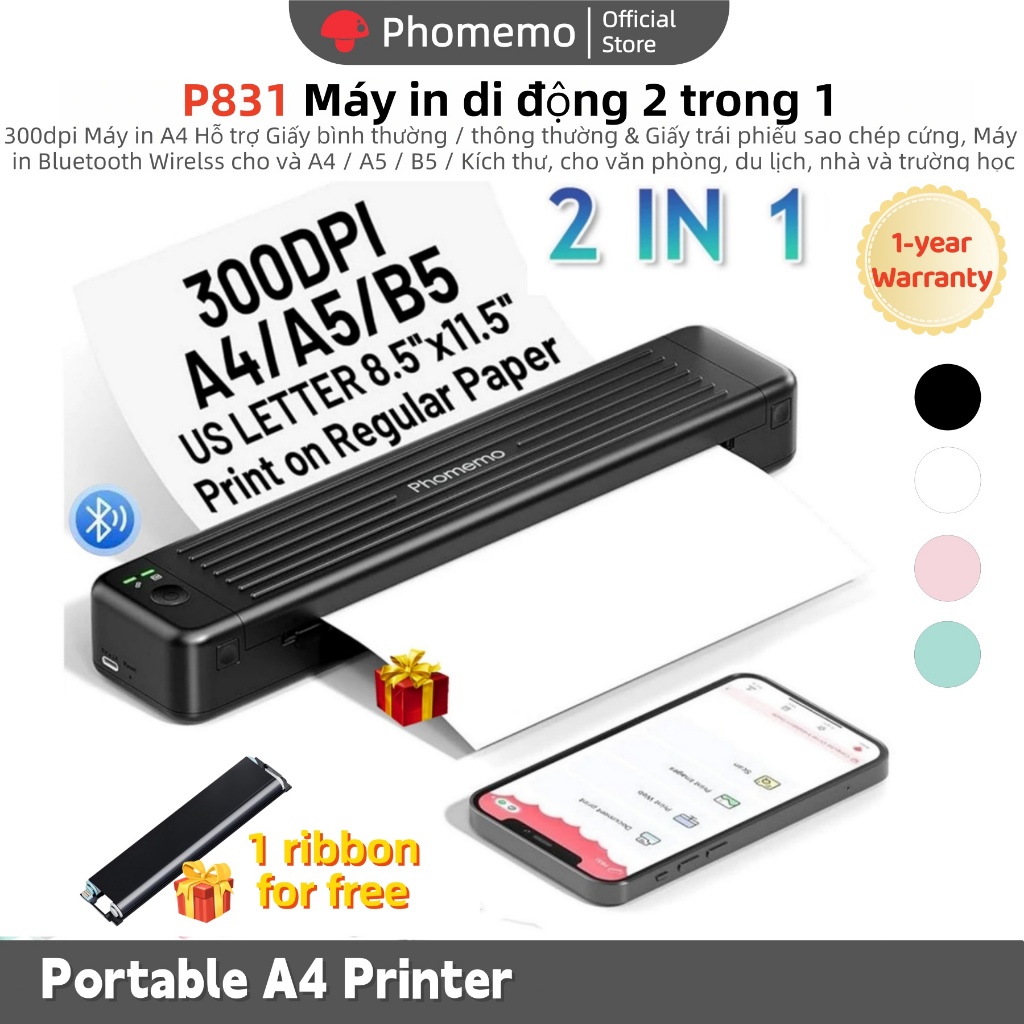 Phomemo P831 Hỗ trợ In giấy thường A4 - Máy In Nhiệt Mini Khổ Di Động Portable thermal printer for v