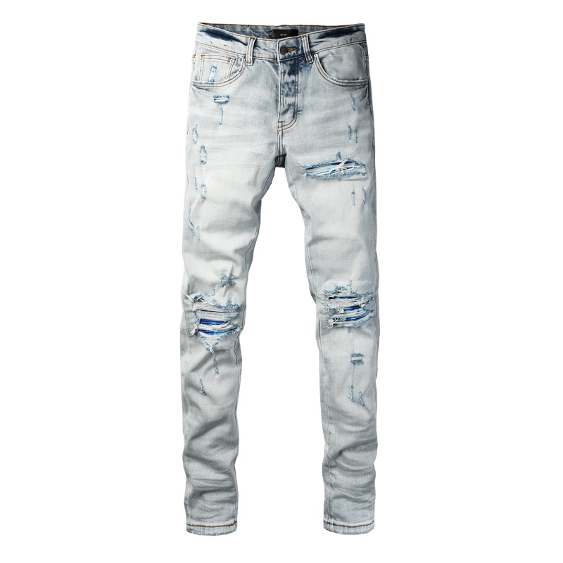 Amiri High Street Designer Fashion Men Jeans Retro Light Blue Stretch Slim Fit Patched Ripped Jeans 
