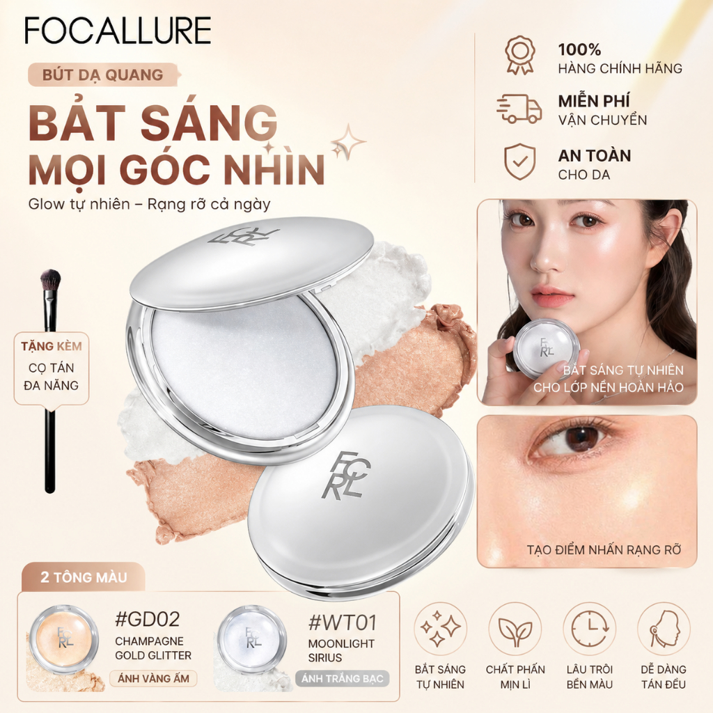 FOCALLURE Starlight Highlight, Phấn highlight họa tiết mịn màng mềm mại, Mờ tự nhiên ngọc trai, 8,5g