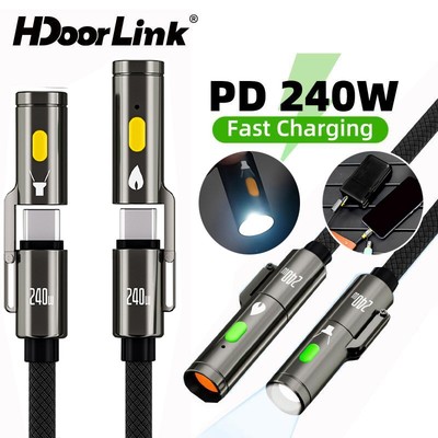 Cáp HdoorLink 240W Type-C có đèn pin LED Cáp sạc nhanh USB C cho máy tính xách tay Điện thoại Cắm trại ngoài trời