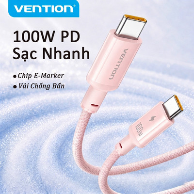 Cáp Sạc Vention 100W PD USB-C 1m - Sạc Siêu Tốc, Vải Chống Bẩn, Chip E-Marker - Cho iPhone/MacBook/iPad/Samsung/Xiaomi - Chính Hãng