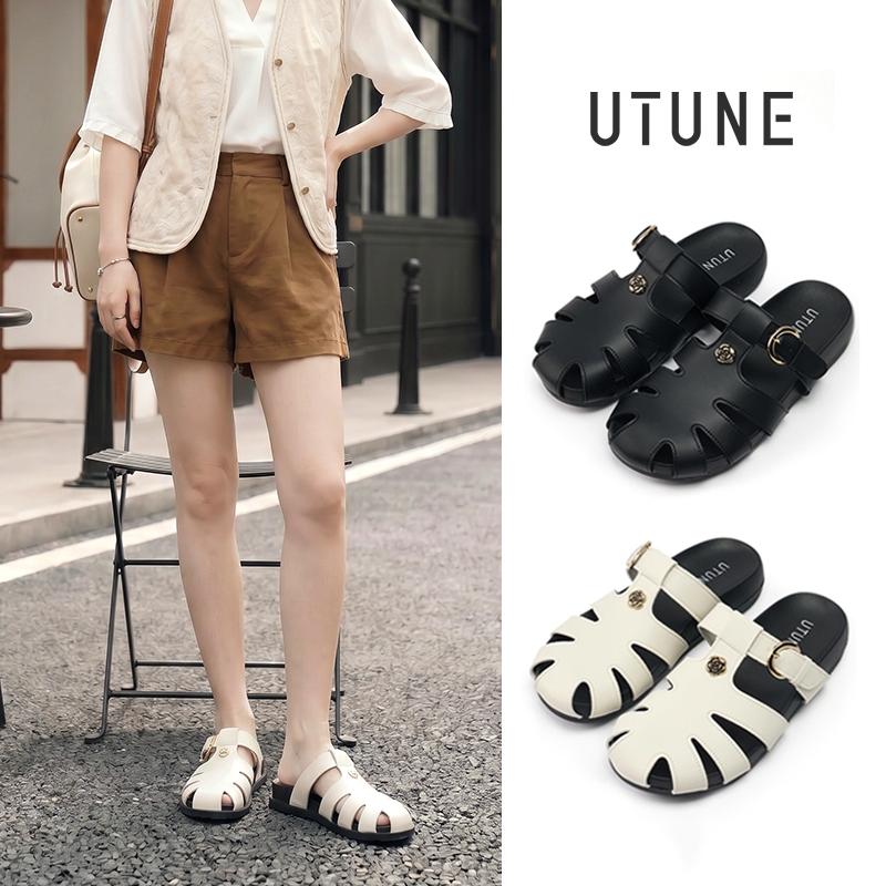 UTUNE dép sandal mũi kín kiểu retro Boken xỏ một bước chất liệu PU thoáng khí có khóa điều chỉnh đế 
