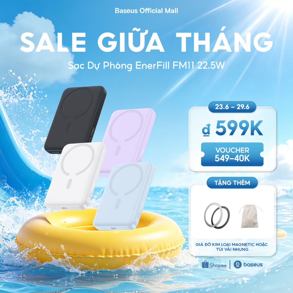 Pin sạc dự phòng không dây FM11 22.5W BASEUS 10000mah mini có nam châm thích hợp cho phone | BigBuy360 - bigbuy360.vn