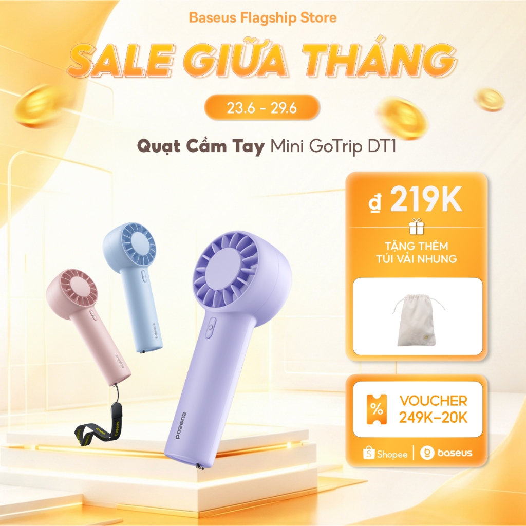 Quạt cầm tay mini siêu nhẹ Baseus GoTrip DT1 4 M/S Tốc độ gió mạnh & Tối đa 10000 vòng/phút 39dB Hoạt động êm ái
