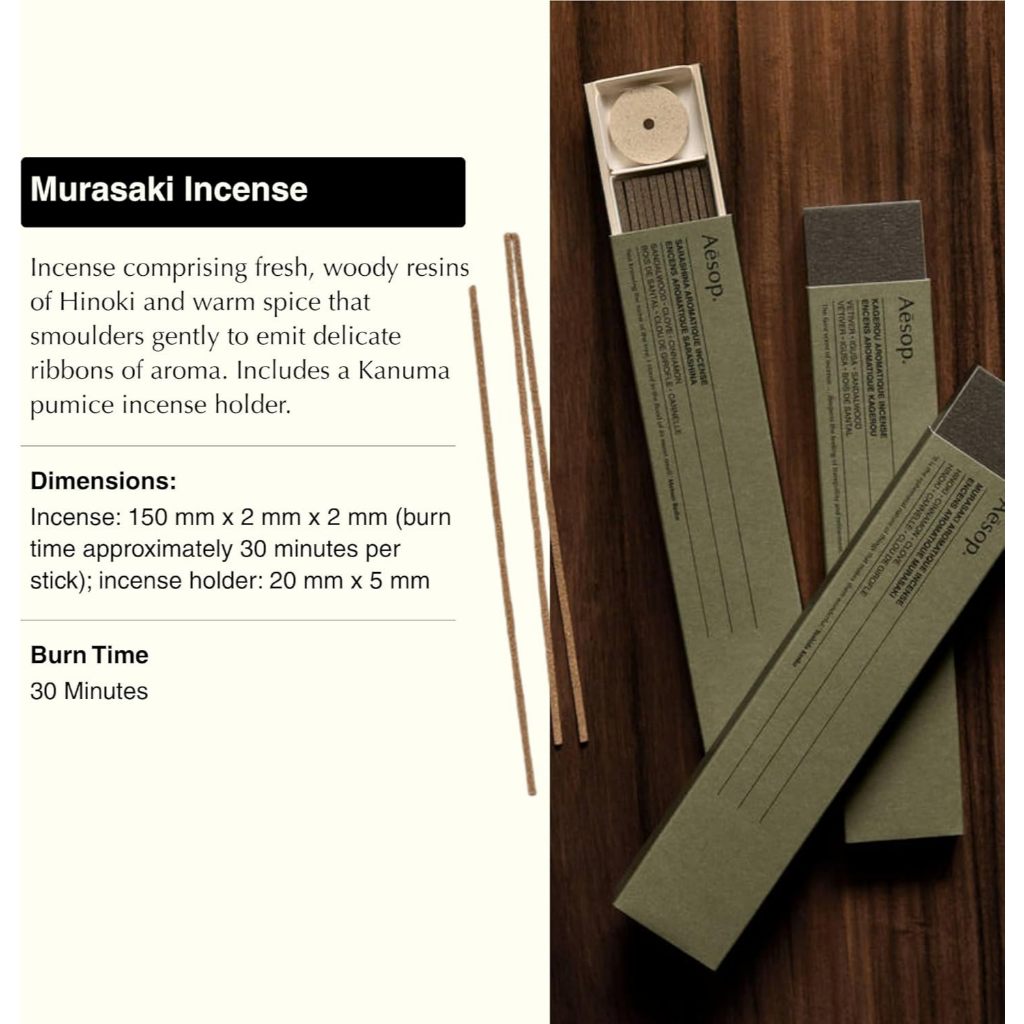 Que hương thơm Aesop Murasaki | Hương liệu gỗ và cay của Hinoki & Quế| 33 que, Thời gian đốt 30 phút
