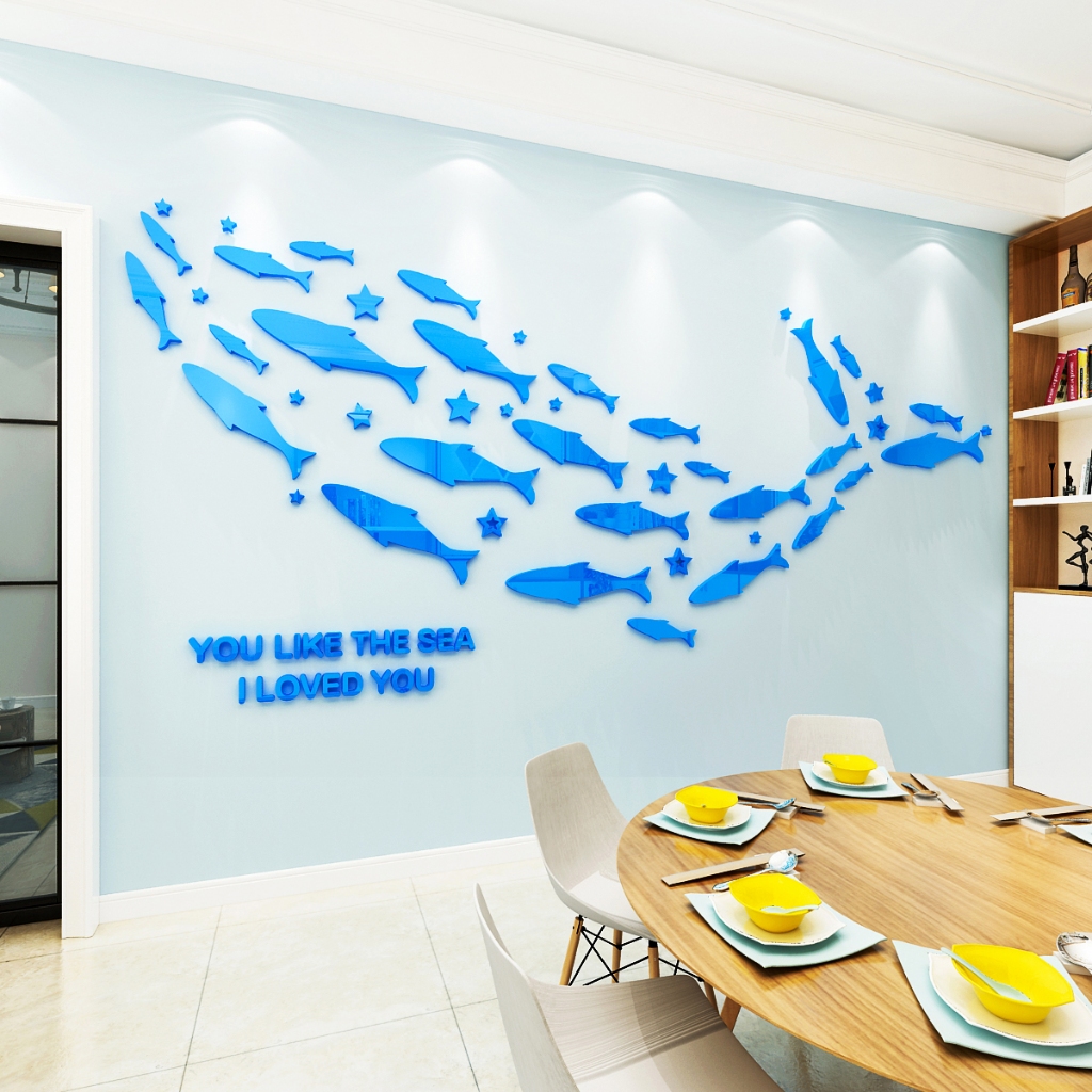 3d Ocean Fish Group Dán Tường Acrylic Gương Trang Trí Phòng Tắm Miếng Dán Chống Thấm Nước