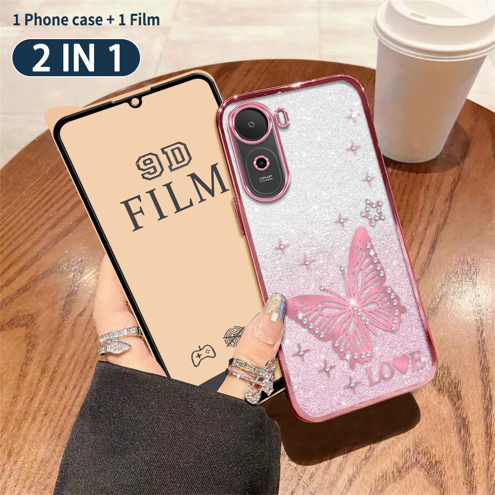 2 Trong 1 Cho POCO C81 C81 Pro Ốp Điện Thoại Hình Bướm Hồng Dễ Thương Mạ Điện Cạnh Thẳng + Phim Gốm 