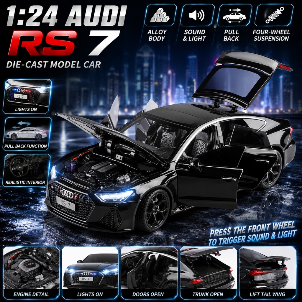 Xe hợp kim Audi RS7 1: 24, xe đồ chơi trẻ em có hiệu ứng âm thanh và ánh sáng