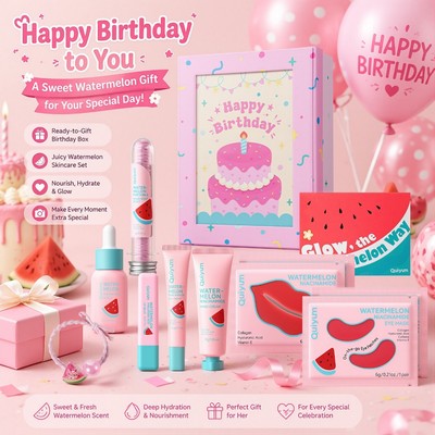 QUIYUM Dưa Hấu Hộp Quà Tặng Chăm Sóc Da Quà Sinh Nhật Juicy Glow Essence Kem Dưỡng Mắt Tay Son Dưỡng Môi Tấm Xà Phòng Watery Revitalizing Kit