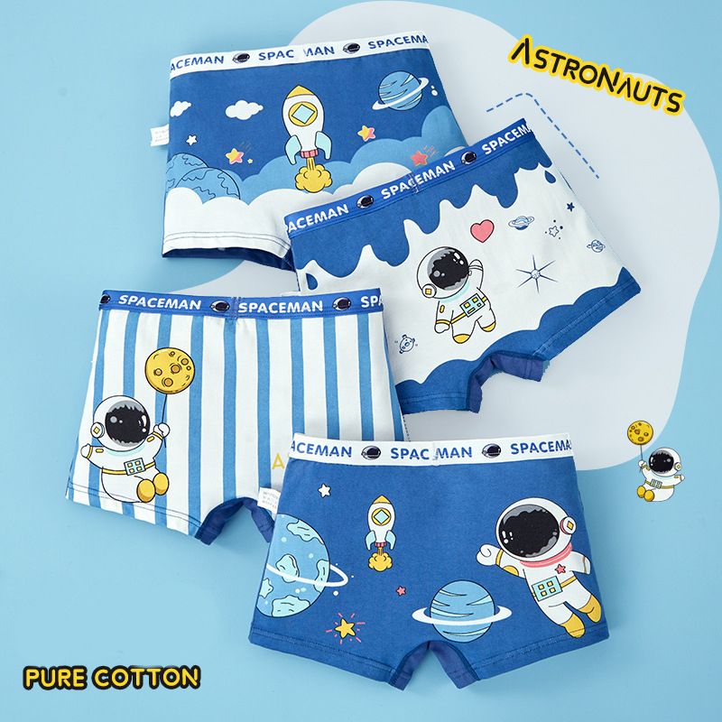 4Pcs Little Boys Pure Cotton Boxer Brief Cute Spaceman Astronaut Rocket Planet Print Soft Breathable