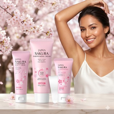 LAIKOU Bộ chăm sóc cơ thể 3 chiếc Kem tẩy lông Sakura Kem làm sáng nách Kem chống nắng sau khi làm dịu da Gel dưỡng ẩm da mịn màng