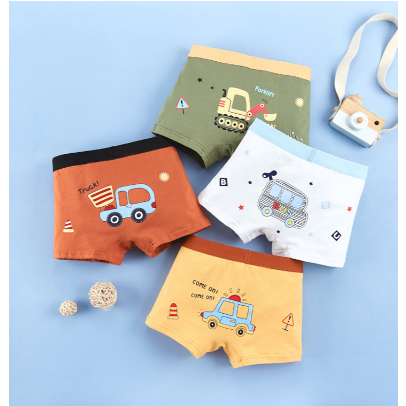 4Pcs Little Boys Pure Cotton Boxer Brief Cute Excavator Truck Bus Police Car Print Soft Breathable E