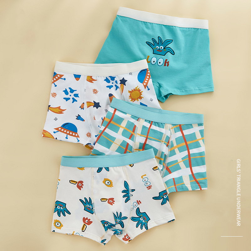 4Pcs Little Boys Pure Cotton Boxer Brief Cute Alien Monster UFO Space Rocket Print Soft Breathable E