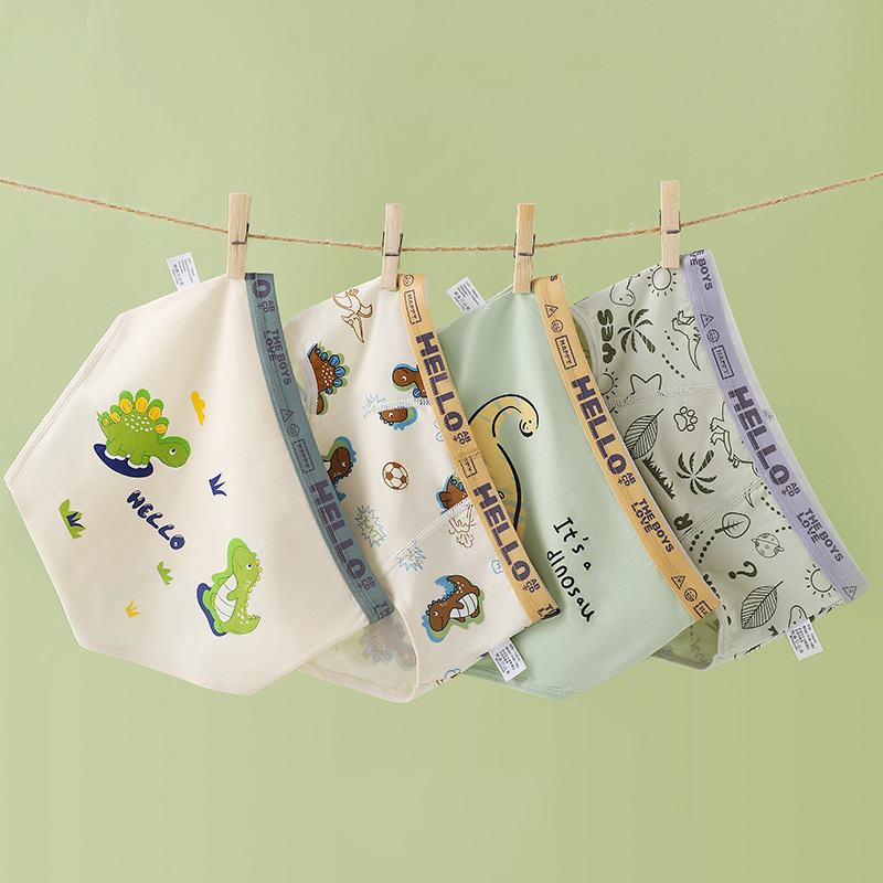 4Pcs Little Boys Pure Cotton Boxer Brief Cute Cartoon Dinosaur Football Leaf Print HELLO Letter Elas