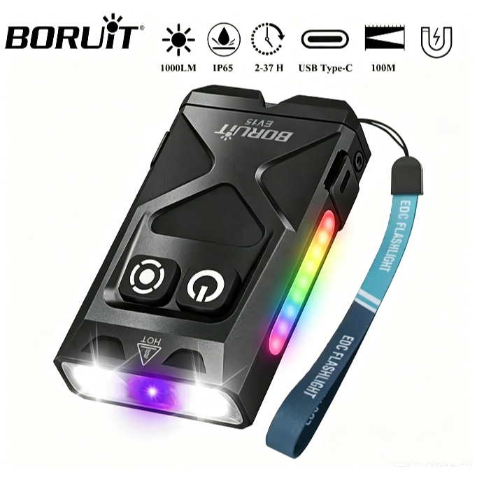 Boruit EV15 Móc Khóa EDC LED UV Đèn Pin Hợp Kim Nhôm IPX65 Chống Nước Type-C Sạc Nam Châm Cắm Trại Đ