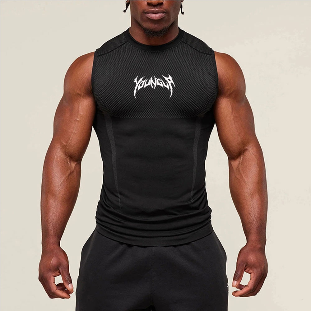 YOUNGLA Nam Không Tay Nén Tank Top Nhanh Khô Đen Tập Gym Cử tạ Áo Vest