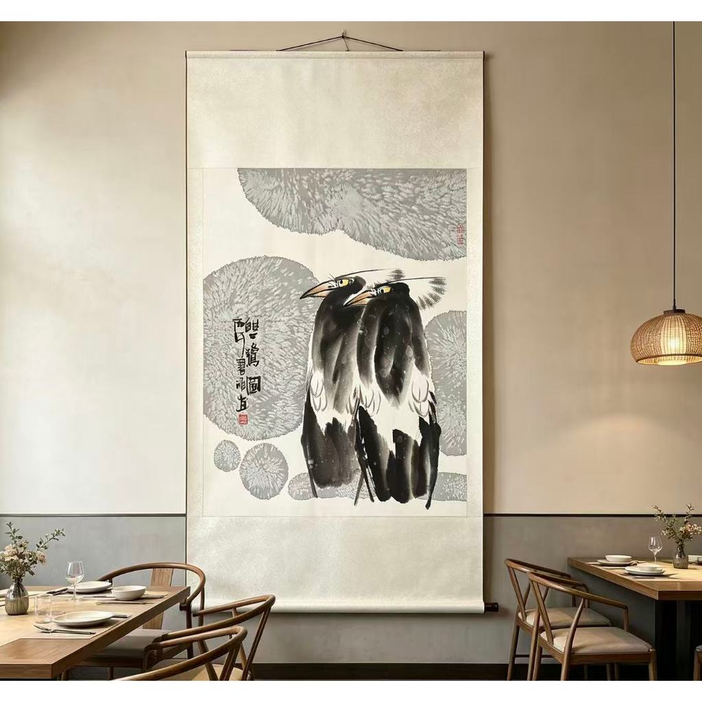 < Double Egret Picture > Xô mực vẽ tay Egret Văn phòng Trung Quốc Phòng trà Hoa tốt lành Tranh trang