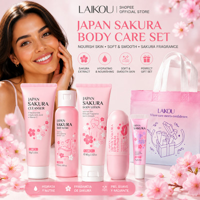 Bộ quà tặng chăm sóc da LAIKOU Sakura 5 miếng Sữa rửa toàn thân Bộ tinh chất chăm sóc môi kèm túi quà tặng Bộ du lịch Pampering Glow Quà sinh nhật Mỹ phẩm