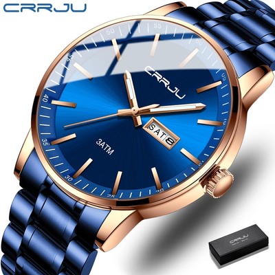 Đồng hồ nam CRRJU Dây thép không gỉ thời trang, chất lượng cao, tay dạ quang, có màn hình ngày và ngày, thích hợp cho các dịp công sở, thường ngày và thể thao chuyển động thạch anh 2193S