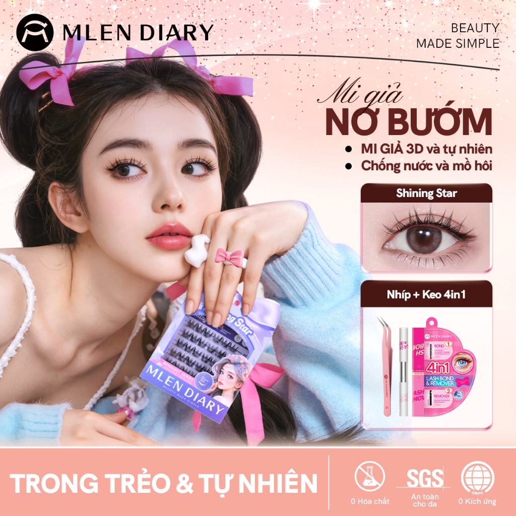 MLEN DIARY Mi Giả Dáng Cụm Nơ Bướm Bow Series, Sợi Mi Mềm Nhẹ, Độ Cong C Dễ Dán Cho Người Mới, Tái S