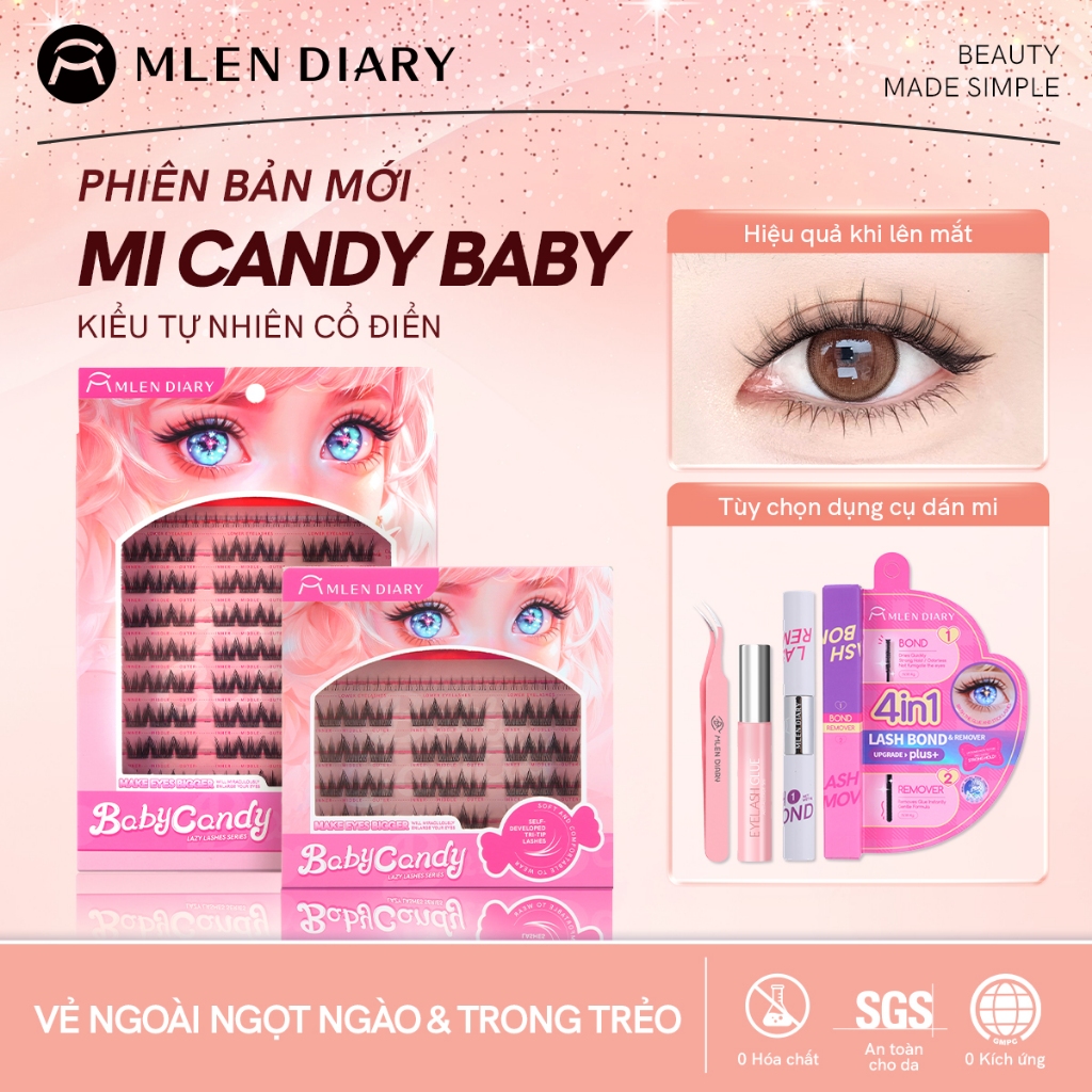 MLEN DIARY Mi Giả Cụm Baby Candy Kiểu Anime Mắt To Tròn, Dáng Mi Cong Tự Nhiên 9-12mm, Tái Sử Dụng N