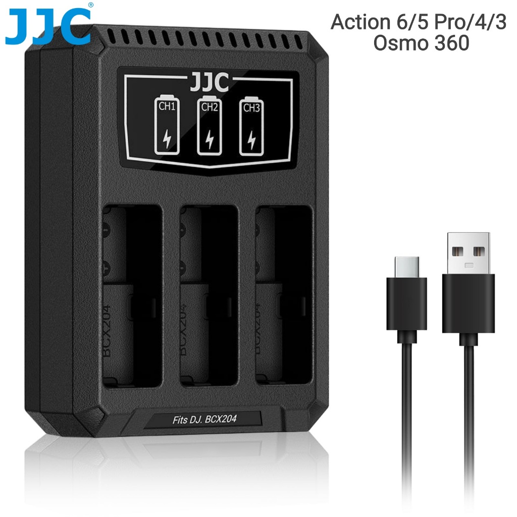 JJC Action 6 Bộ Sạc Pin cho DJI Osmo 360 / Action 5 Pro / Action 4/3 Bộ sạc máy ảnh USB-C ba khe cắm