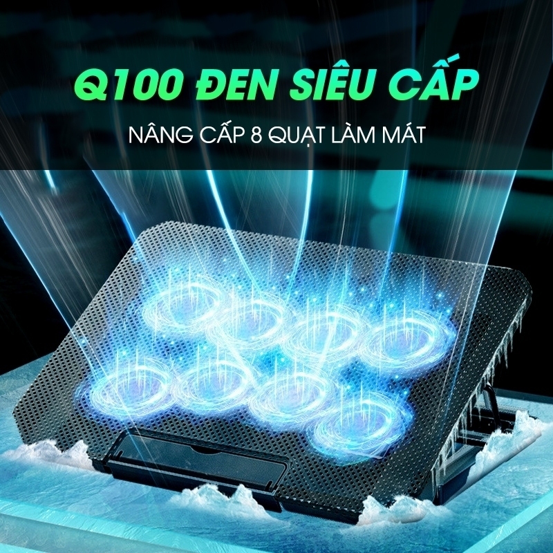 Đế Tản Nhiệt Laptop Q100 8 Quạt Siêu Mát, Giá Đỡ Gấp Gọn 4 Mức Cao Tản Nhiệt Nhanh, Quạt Êm Chống Ồn