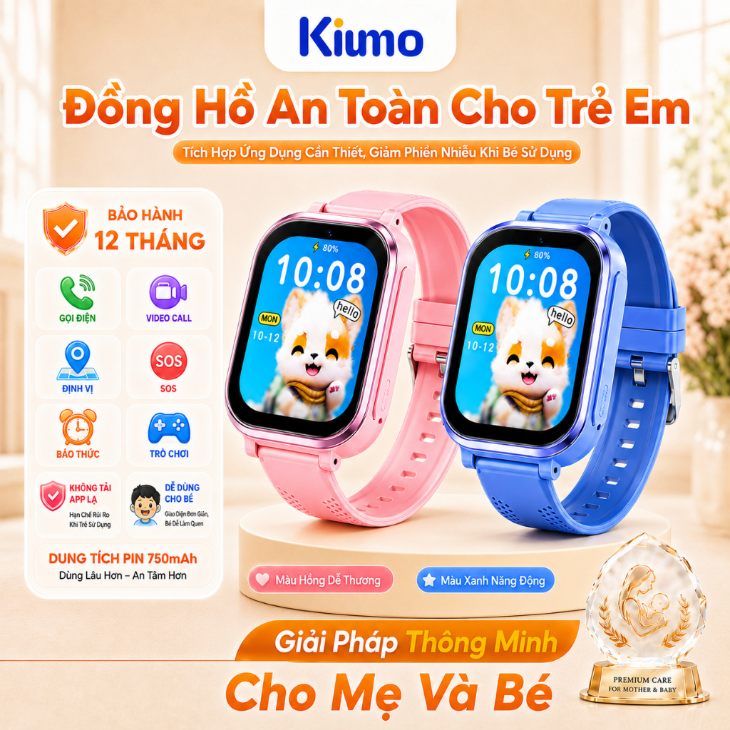 Kiumo Đồng Hồ Thông Minh Trẻ Em 4G Gọi Video HD GPS WiFi SOS Camera 8MP Pin 750mAh Định Vị Chính Xác