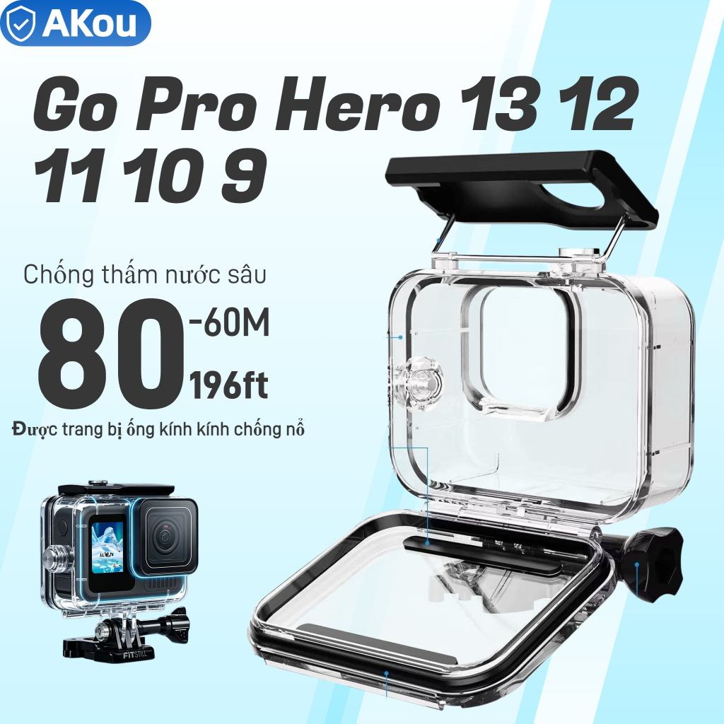 Go Pro Hero13 (60-80M-200FT) Vỏ lặn chống nước dưới nước cho Go Pro Hero12 / 11 / 10 / 9 Đen