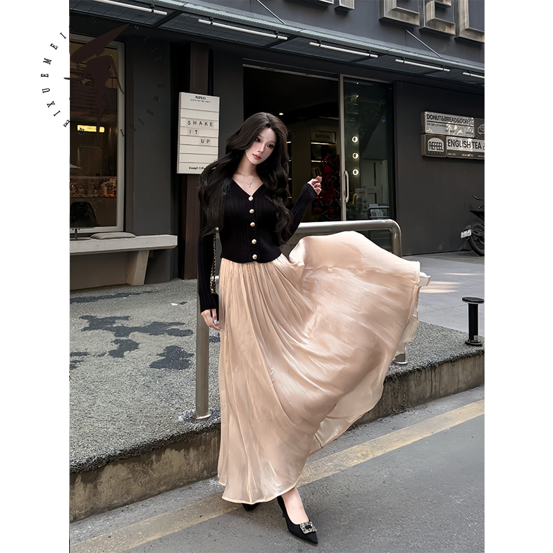 MEIXUEMEILIN Váy dài chữ A dài nửa chữ A Streamer kiểu Pháp Streamer Satin