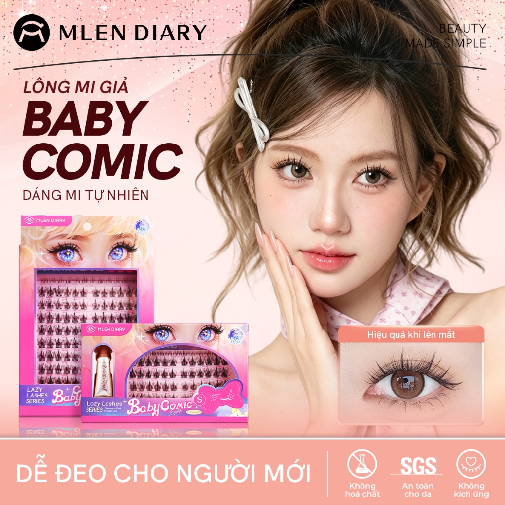 MLEN DIARY Mi Giả Baby Comic Anime 9-12mm - Mi Cong Chữ C Mềm Mại, Dáng Mi Tự Nhiên Cho Người Mới Bắ