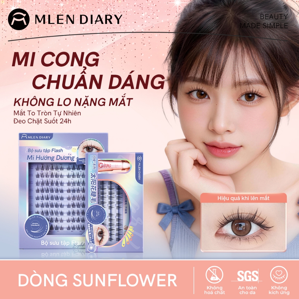 MLEN DIARY Mi Giả Hoa Hướng Dương Sunflower Lashes, Cong Tự Nhiên Hình Chữ C, Mềm Mại, Có Thể Tái Sử