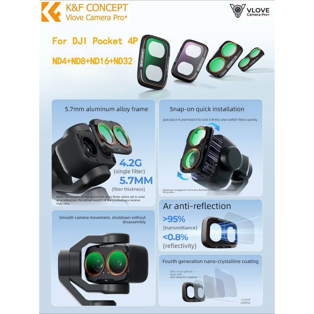 Bộ lọc ND K & F Concept ND ND ND ND4 + ND8 + ND16 + ND32 cho DJI OSMO Pocket 4Pro, Phụ kiện Pocket 4