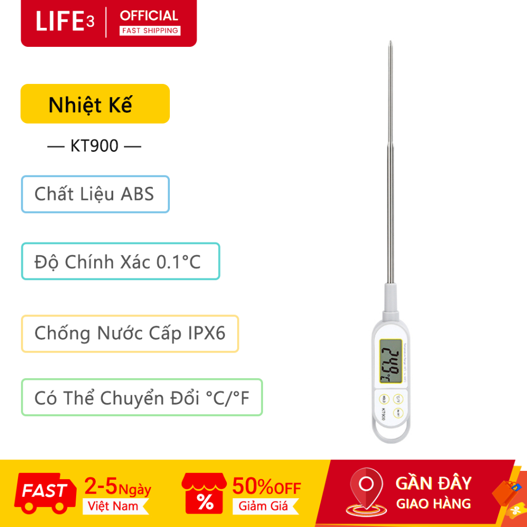 3Life Nhiệt Kế Điện Tử KT900 Độ Chính Xác 0.1°C Chống Nước Cấp IPX6 Thermometer Nhiệt Kế Nhiệt Kế Đo