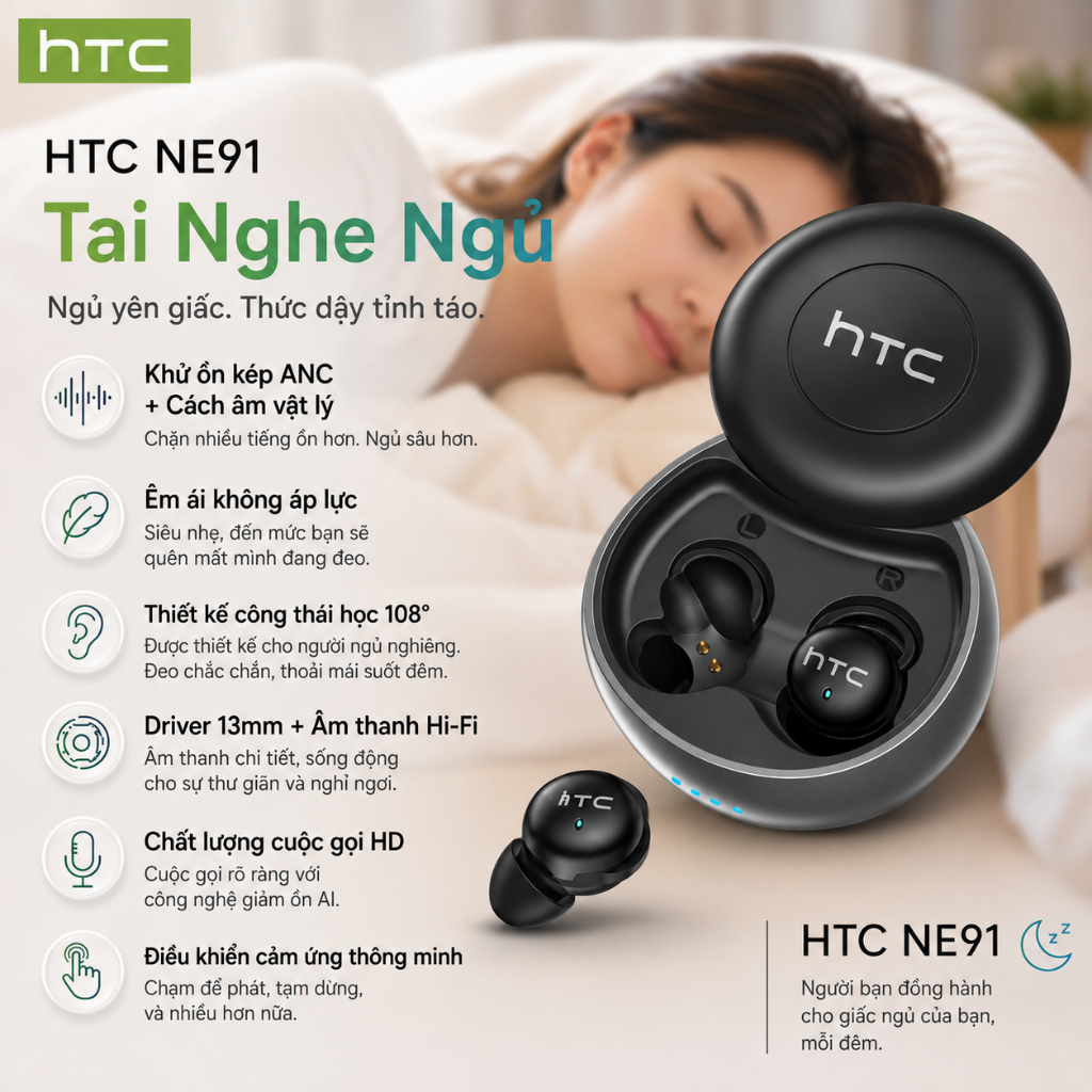 HTC NE91 Tai nghe chống ồn khi ngủ Chống ồn kép (ANC + Vật lý), thiết kế ôm khít 108°, Bluetooth 6.0, chất lượng âm thanh Hi-Fi. | BigBuy360 - bigbuy360.vn