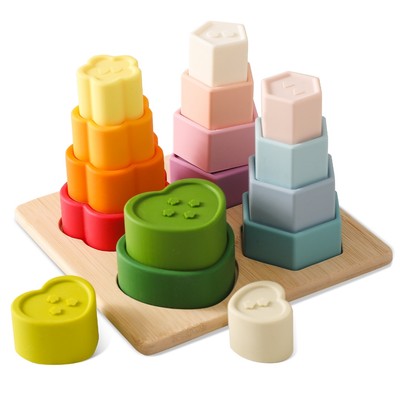 Đồ chơi xếp chồng hình Montessori với đế gỗ 4 hình dạng xếp hình xếp làm tổ, đồ chơi học tập giác quan cho trẻ mới biết đi 1-3 tuổi