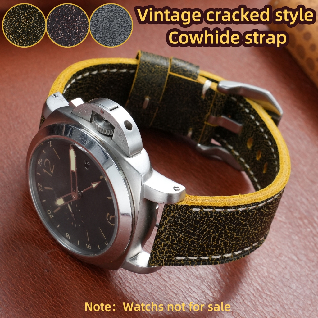 Nam Retro Nứt Da Dây Đeo Đồng Hồ 24mm 26mm Dây Rộng Phù Hợp Với Panerai Diesel Hamilton Luminox Nâu 