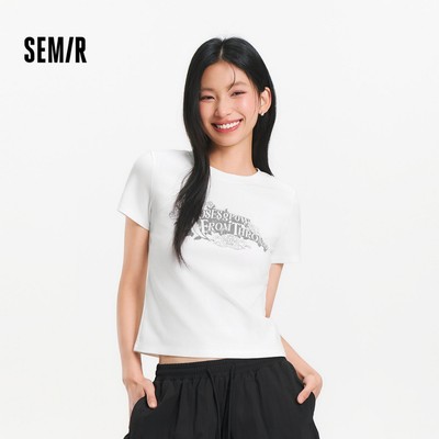 Semir Cotton Nguyên Chất Giặt Vintage Tay Ngắn Áo Nữ Mùa Hè Thường Ngày Vai Hoa Hồng In Hình Slim Top