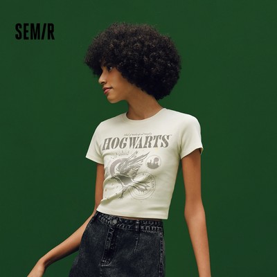 Semir Cotton Mềm Rửa Vintage Tay Ngắn Áo Nữ Mùa Hè Crop Động Vật In Hình Slim Top