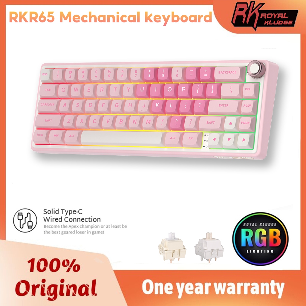 RK Royal Kludge RK R65 Miếng đệm giai điệu màu hồng Bàn phím cơ có dây nóng hoán đổi