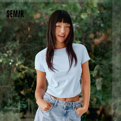 Semir Làm Mát Độ Ẩm Xẻ Nhanh Khô Tay Ngắn Áo Nữ Mùa Hè Crop Thường Đeo Vai Ruched Slim Top