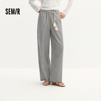 Semir Cotton Vải Lanh Cảm Thấy Sọc Quần Ống Rộng Nữ Mùa Hè 2026 Drapey Thư Giãn Thắt Lưng Kỳ Nghỉ Đáy